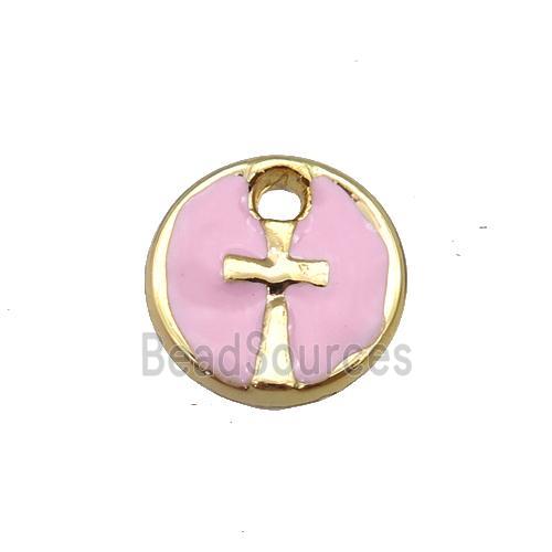 copper cross pendant with pink enamel, circle, gold plated