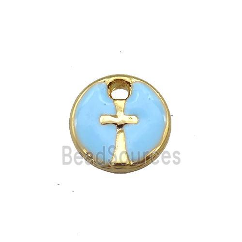 copper cross pendant with lt.blue enamel, circle, gold plated