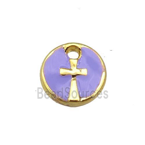 copper cross pendant with lavender enamel, circle, gold plated