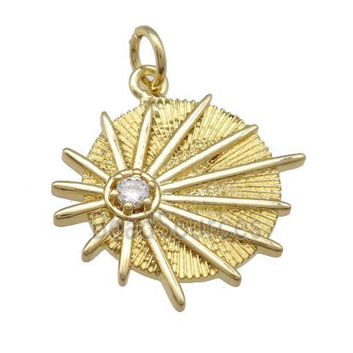 copper circle sunburst pendant paved zircon, gold plated