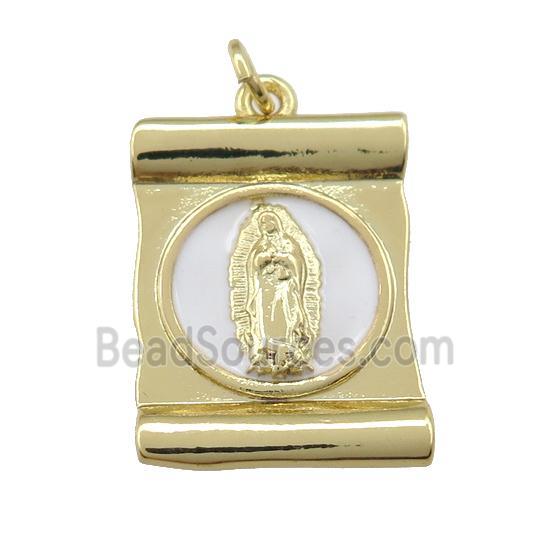 copper Virgin Mary pendant with white enamel, gold plated