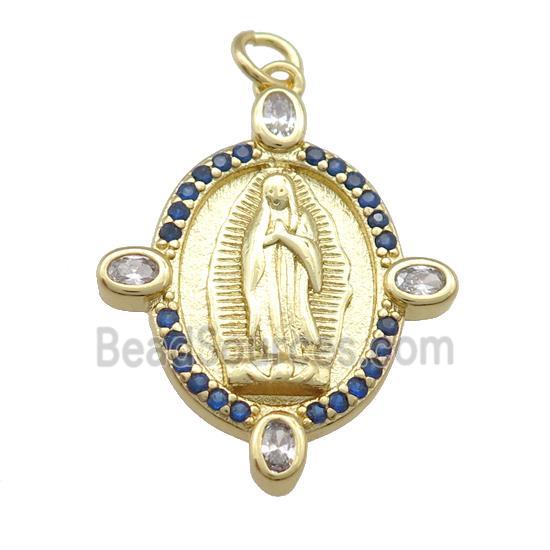 copper Virgin Mary pendant paved blue zircon, gold plated