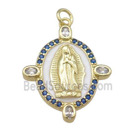 copper Virgin Mary pendant paved blue zircon with white enamel, gold plated