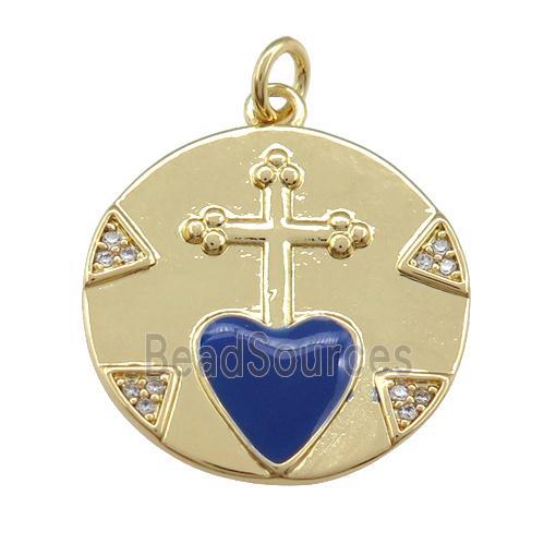 copper circle pendant with cross, blue enamel heart, gold plated