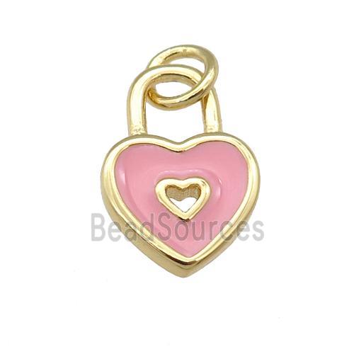 copper Heart Lock pendant with pink enamel, gold plated