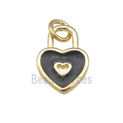 copper Heart Lock pendant with black enamel, gold plated