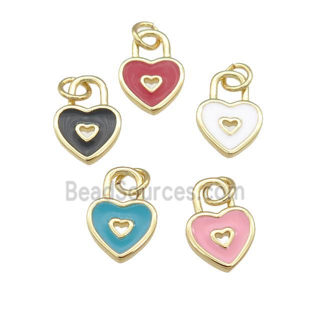 copper Heart Lock pendant with enamel, gold plated, mixed