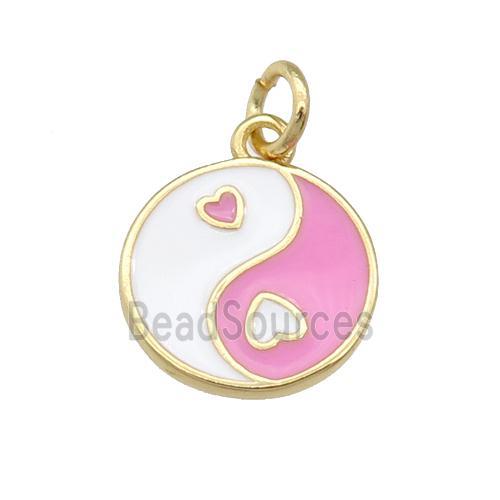 copper Taichi pendant, yinyang, pink enamel, gold plated