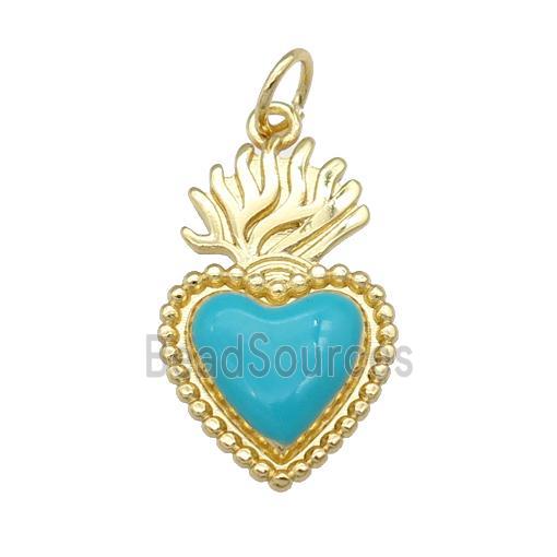 copper Milagro Heart pendant with teal enamel, gold plated