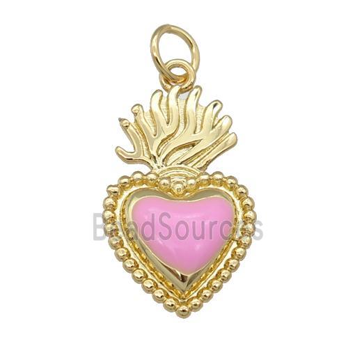 copper Milagro Heart pendant with pink enamel, gold plated