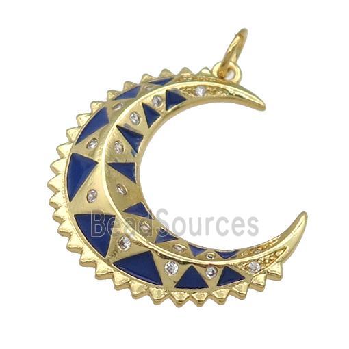 copper crescent Moon pendant with blue enamel, gold plated