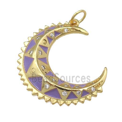 copper crescent Moon pendant with lavender enamel, gold plated