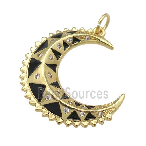 copper crescent Moon pendant with black enamel, gold plated