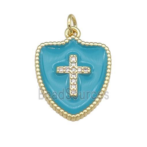 copper Shield Cross pendant paved zircon with teal enamel, gold plated