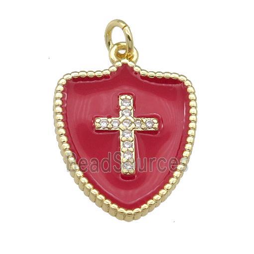 copper Shield Cross pendant paved zircon with red enamel, gold plated