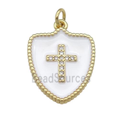 copper Shield Cross pendant paved zircon with white enamel, gold plated