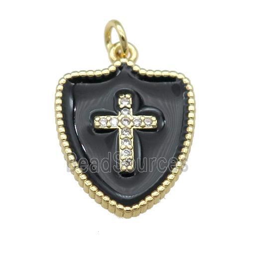 copper Shield Cross pendant paved zircon with black enamel, gold plated