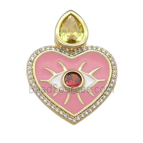 copper Heart pendant paved zircon with pink enamel, gold plated