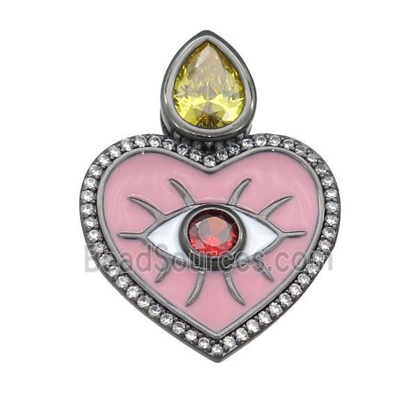 copper Heart pendant paved zircon with pink enamel, black plated