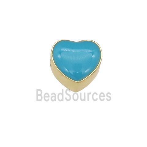 copper Heart beads with teal enamel, gold plated