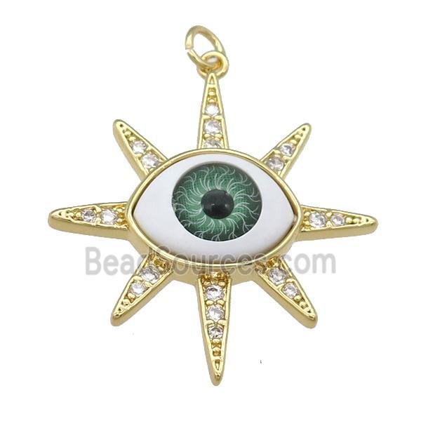 copper pendant paved zircon with green Evil Eye, gold plated