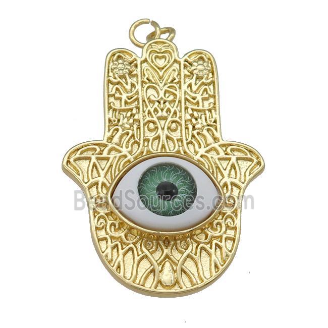 copper hamsahand pendant with green Evil Eye, gold plated