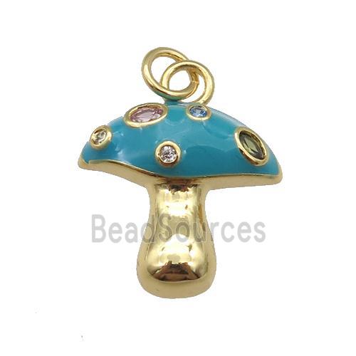 copper mushroom pendant paved zircon with teal enamel, gold plated