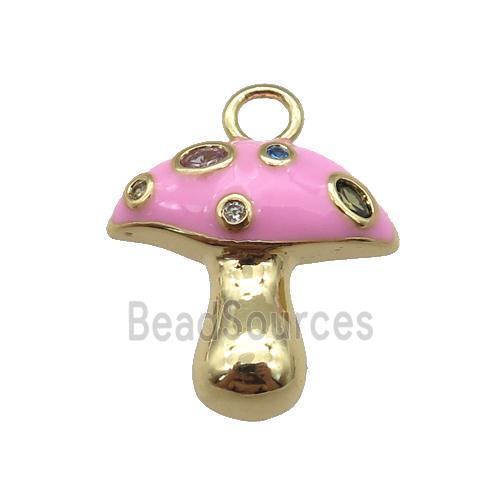 copper mushroom pendant paved zircon with pink enamel, gold plated