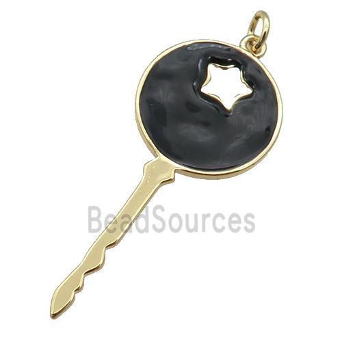 copper Key pendant with black enamel, gold plated