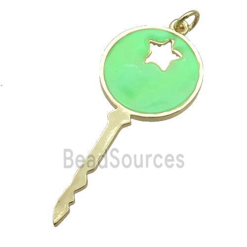 copper Key pendant with green enamel, gold plated