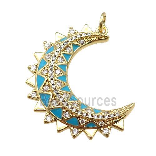 copper Moon pendant paved zircon with teal enamel, gold plated