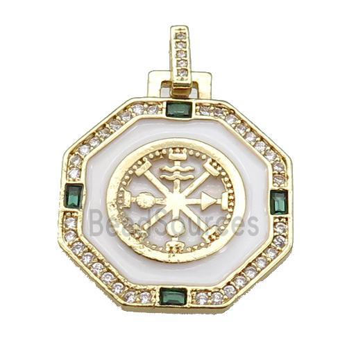 copper Octagon pendant paved zircon with white enamel, astrology, gold plated