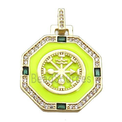 copper Octagon pendant paved zircon with yellow enamel, astrology, gold plated