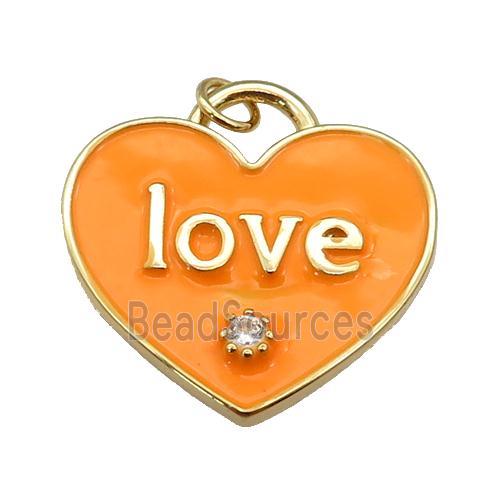 copper Heart pendant paved zircon with orange enamel, LOVE, gold plated