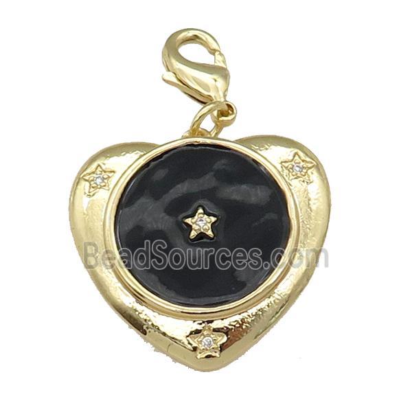 copper Heart pendant with black enamel, star, gold plated