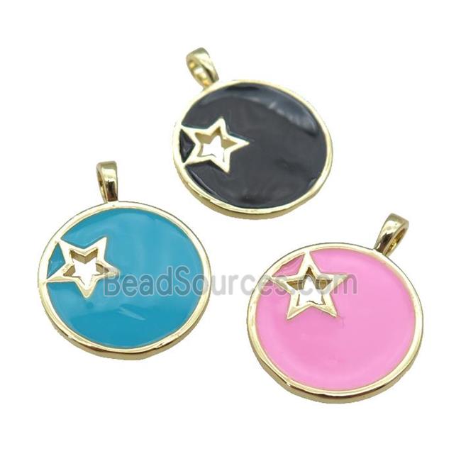 copper Circle pendant with enamel, star, gold plated, mixed