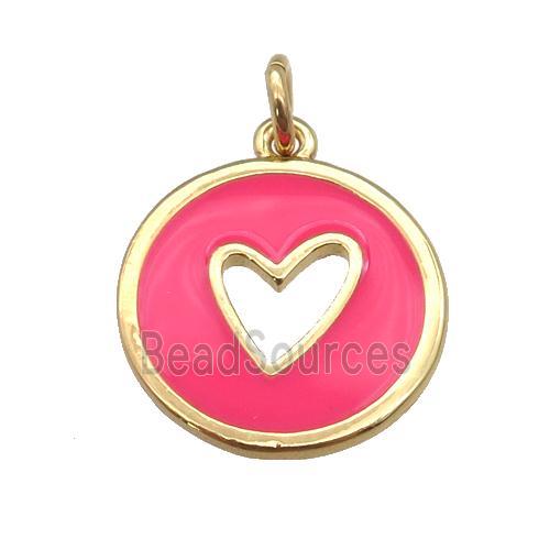 copper Circle pendant with hotpink enamel, heart, gold plated