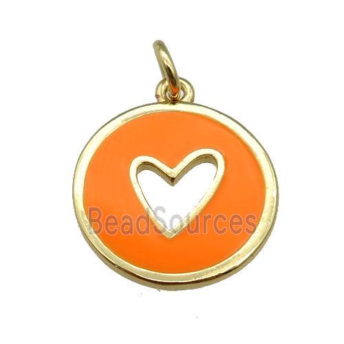 copper Circle pendant with orange enamel, heart, gold plated