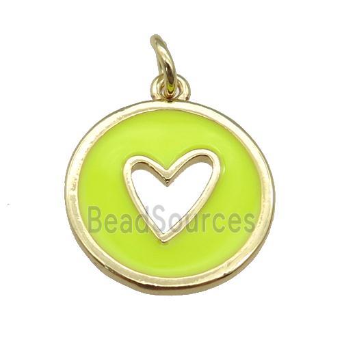 copper Circle pendant with yellow enamel, heart, gold plated