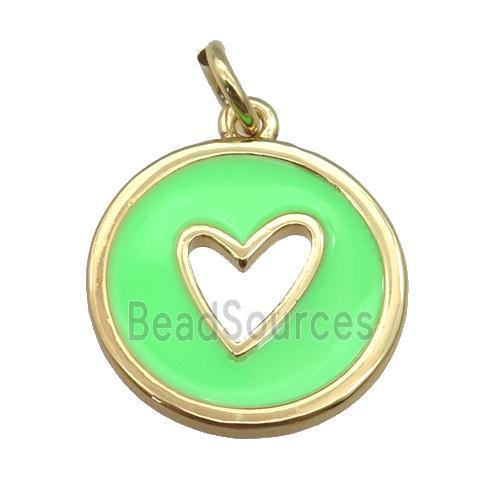 copper Circle pendant with green enamel, heart, gold plated