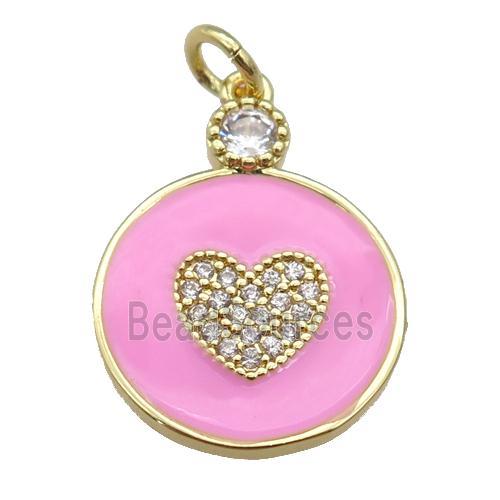 copper Circle pendant paved zircon with pink enamel, heart, gold plated