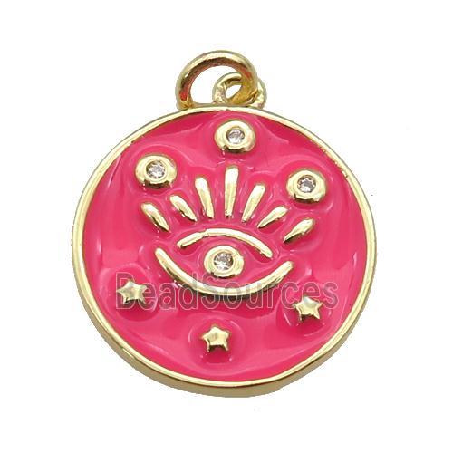 copper Circle pendant with hotpink enamel, eye, gold plated