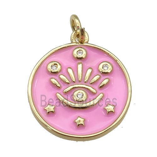 copper Circle pendant with pink enamel, eye, gold plated