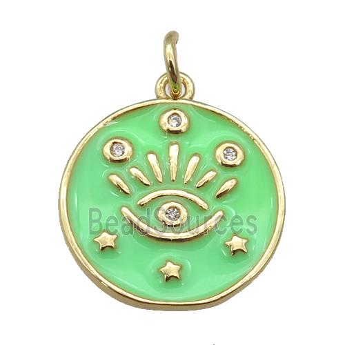 copper Circle pendant with green enamel, eye, gold plated