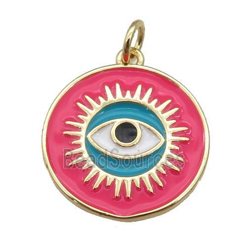 copper Circle pendant with hotpink enamel, evil eye, gold plated