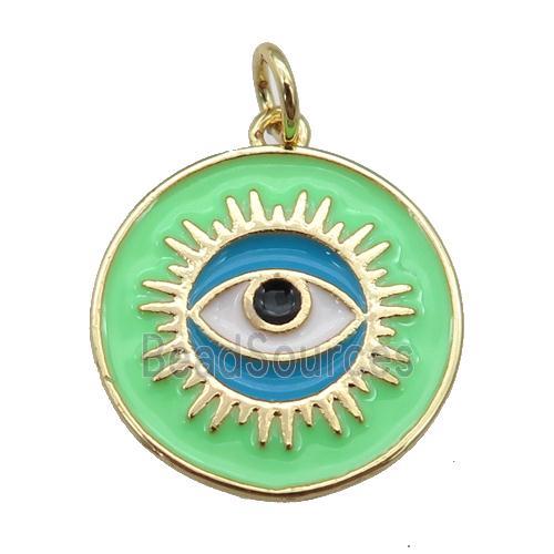 copper Circle pendant with green enamel, evil eye, gold plated