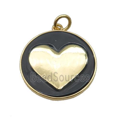 copper Circle pendant with black enamel, heart, gold plated