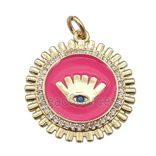 copper Circle pendant paved zircon with hotpink enamel, eye, gold plated