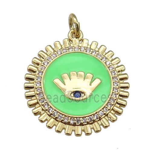 copper Circle pendant paved zircon with green enamel, eye, gold plated