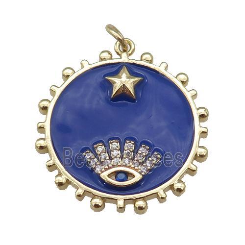 copper circle pendant with navyblue enamel, eye, gold plated